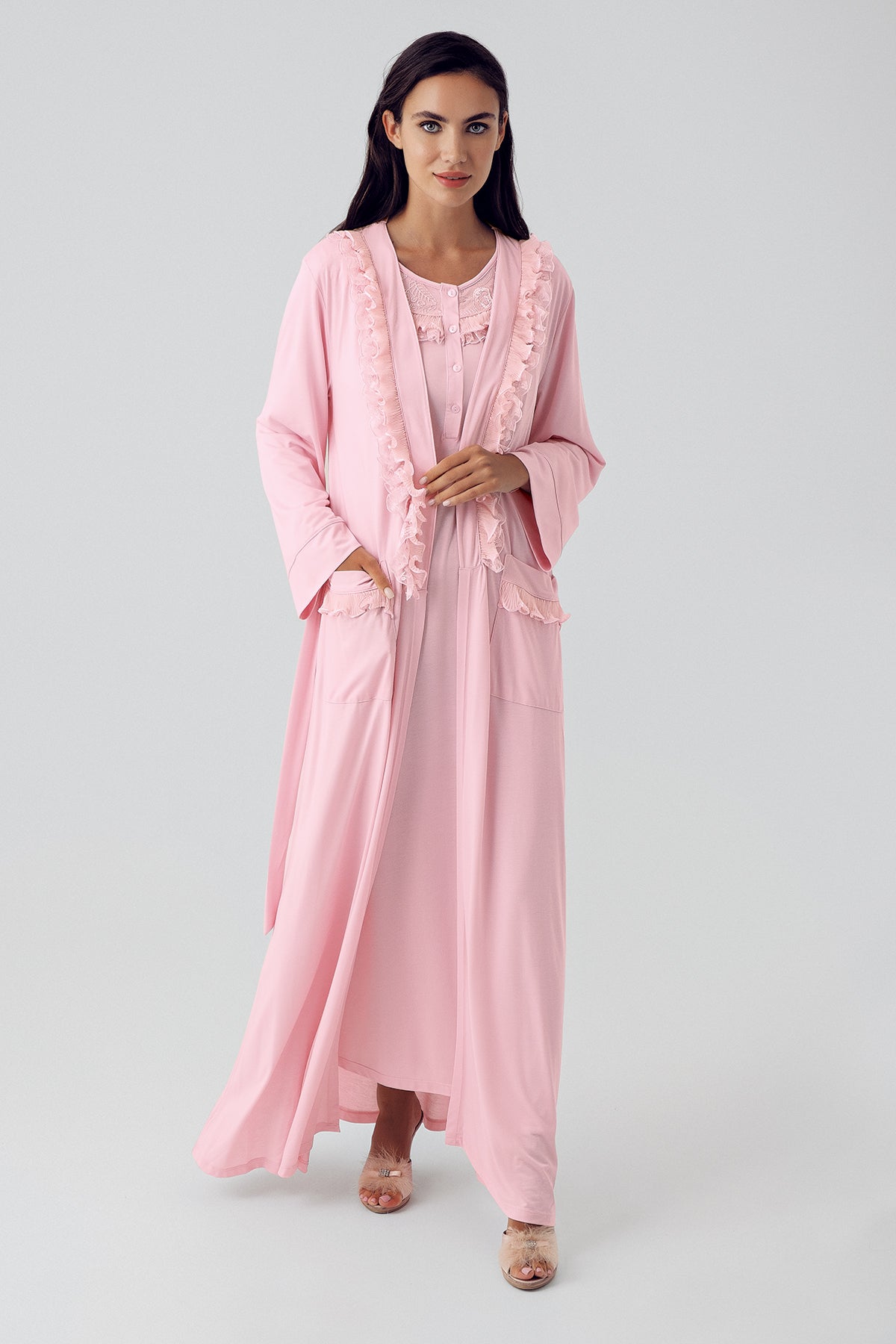 Lace Detailed Maternity & Nursing Nightgown With Robe Powder - 15410