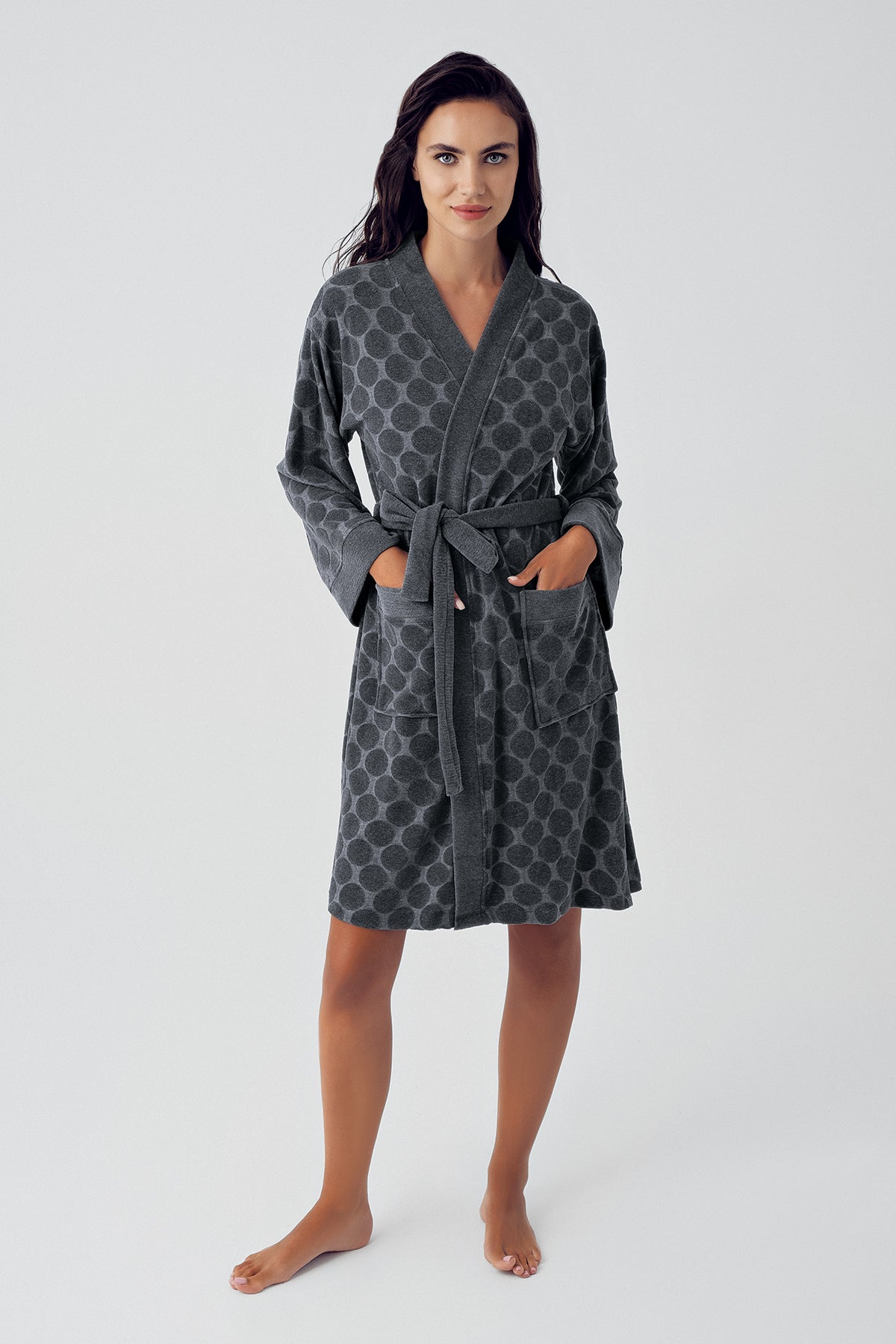 Terry Jacquard Short Maternity Robe Anthracite - 15501