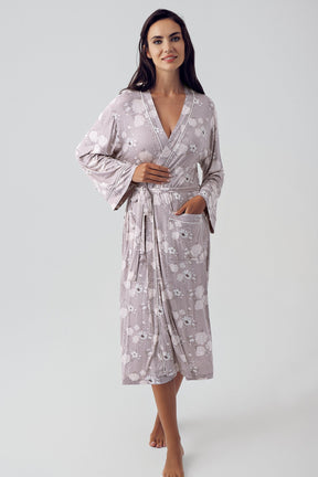 Flower Patterned Maternity Robe Coffee - 15504