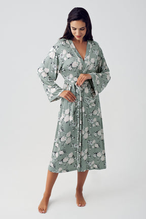 Polka Dot Maternity & Nursing Nightgown With Flower Patterned Robe Green - 15404