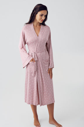 Cross Double Breasted 3-Pieces Maternity & Nursing Pajamas With Patterned Robe Powder - 15305