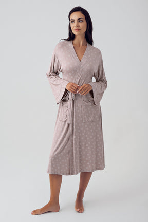 Cross Double Breasted 3-Pieces Maternity & Nursing Pajamas With Patterned Robe Coffee - 15305