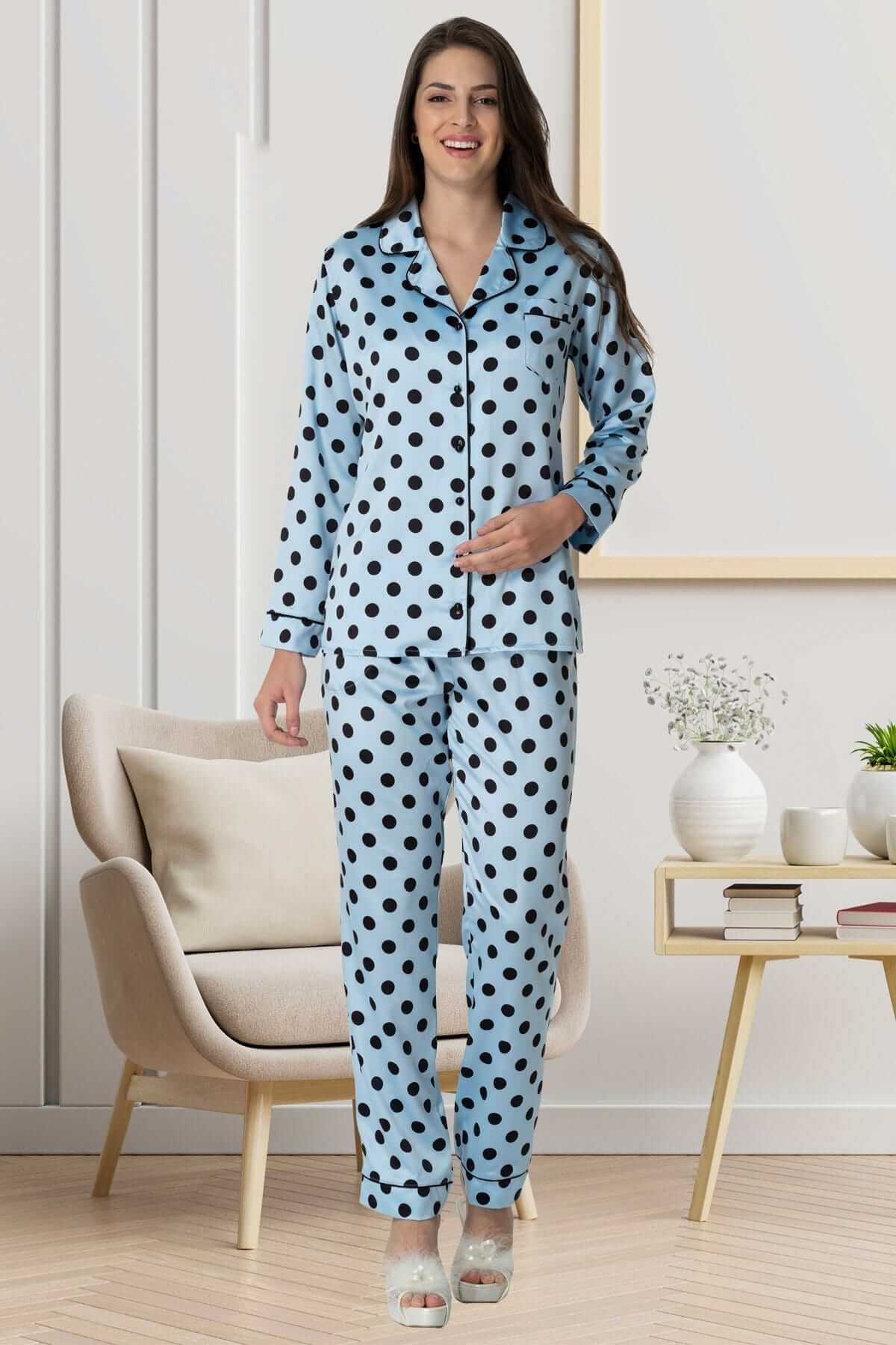 Satin Polka Dot Front Button Maternity & Nursing Pajamas - 1550