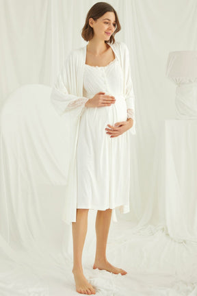 Lace Maternity & Nursing Nightgown With Robe Set Ecru - 18202