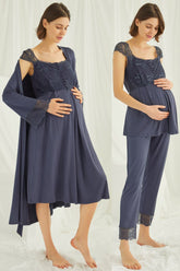 Lace 4 Pieces Maternity & Nursing Set Navy Blue - 210305