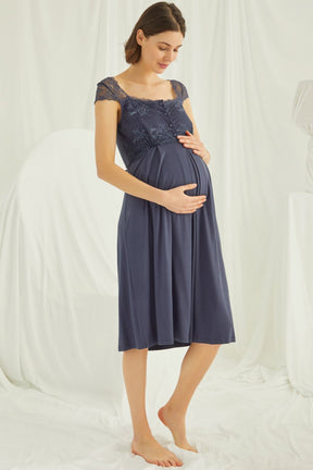 Lace Maternity & Nursing Nightgown Navy Blue - 18302