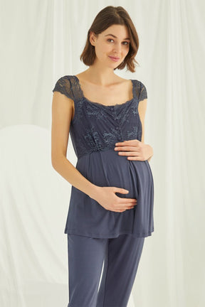 Lace Maternity & Nursing Pajamas Navy Blue - 18305