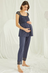 Lace Maternity & Nursing Pajamas Navy Blue - 18305