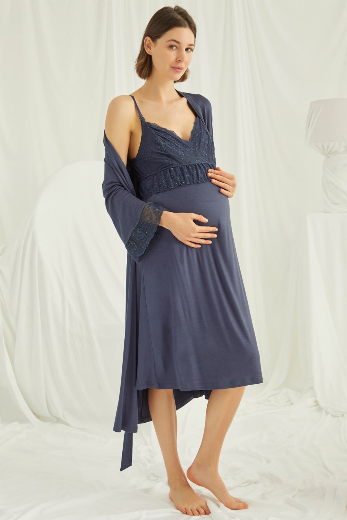 Lace Strappy Maternity & Nursing Nightgown With Robe Set Navy Blue - 18428