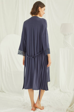 Lace Strappy Maternity & Nursing Nightgown With Robe Set Navy Blue - 18428