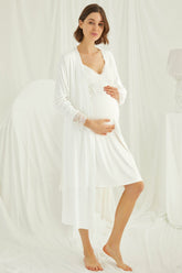 Lace Strappy Maternity & Nursing Nightgown With Robe Set Ecru - 18429