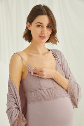 Lace Strappy Maternity & Nursing Nightgown With Robe Set Coffee - 18430