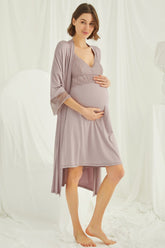 Lace Strappy Maternity & Nursing Nightgown With Robe Set Coffee - 18430