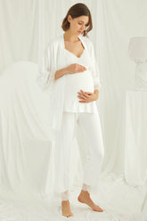Lace Strappy 3-Pieces Maternity & Nursing Pajamas With Robe Ecru - 18433