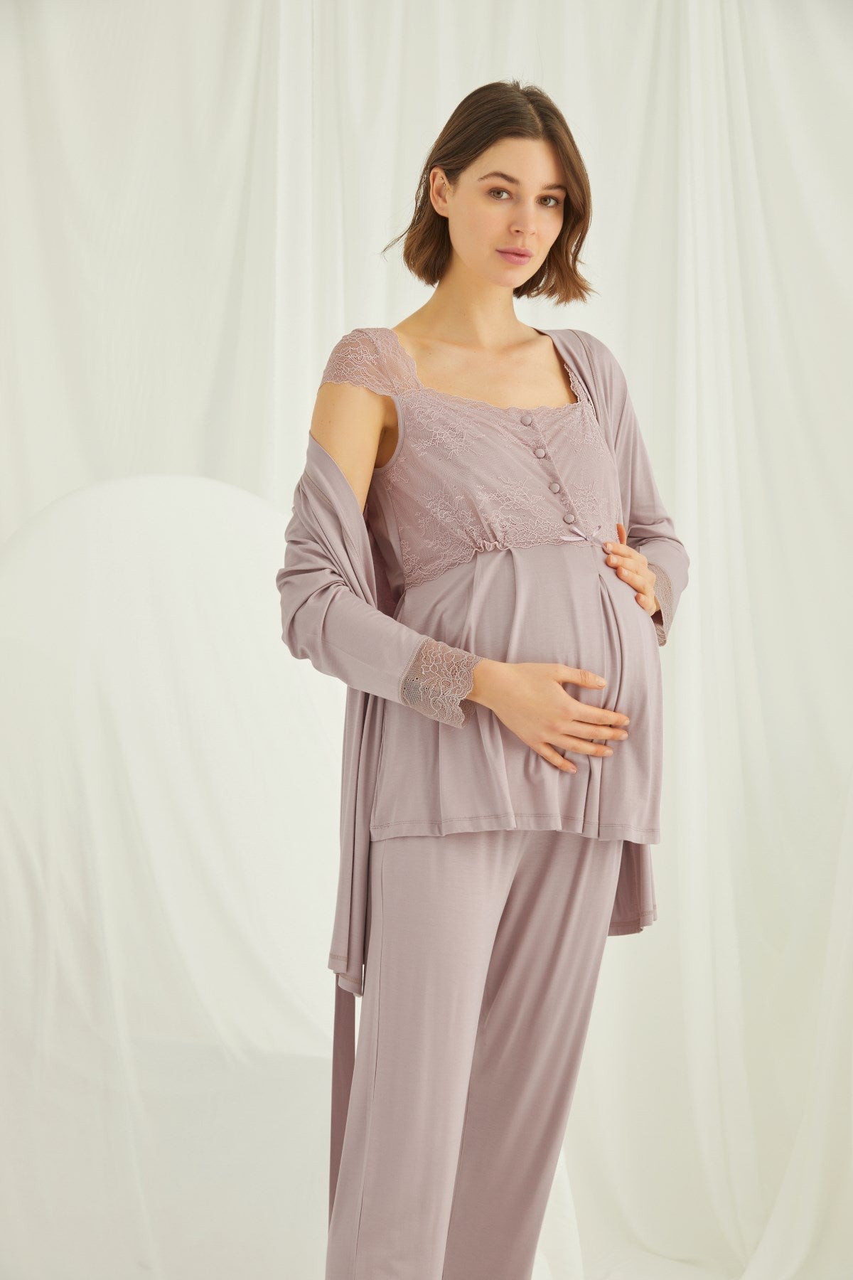 Lace 3-Pieces Maternity & Nursing Pajamas With Robe Coffee - 18441