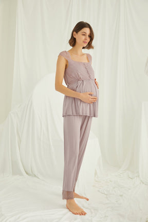 Lace 3-Pieces Maternity & Nursing Pajamas With Robe Coffee - 18441