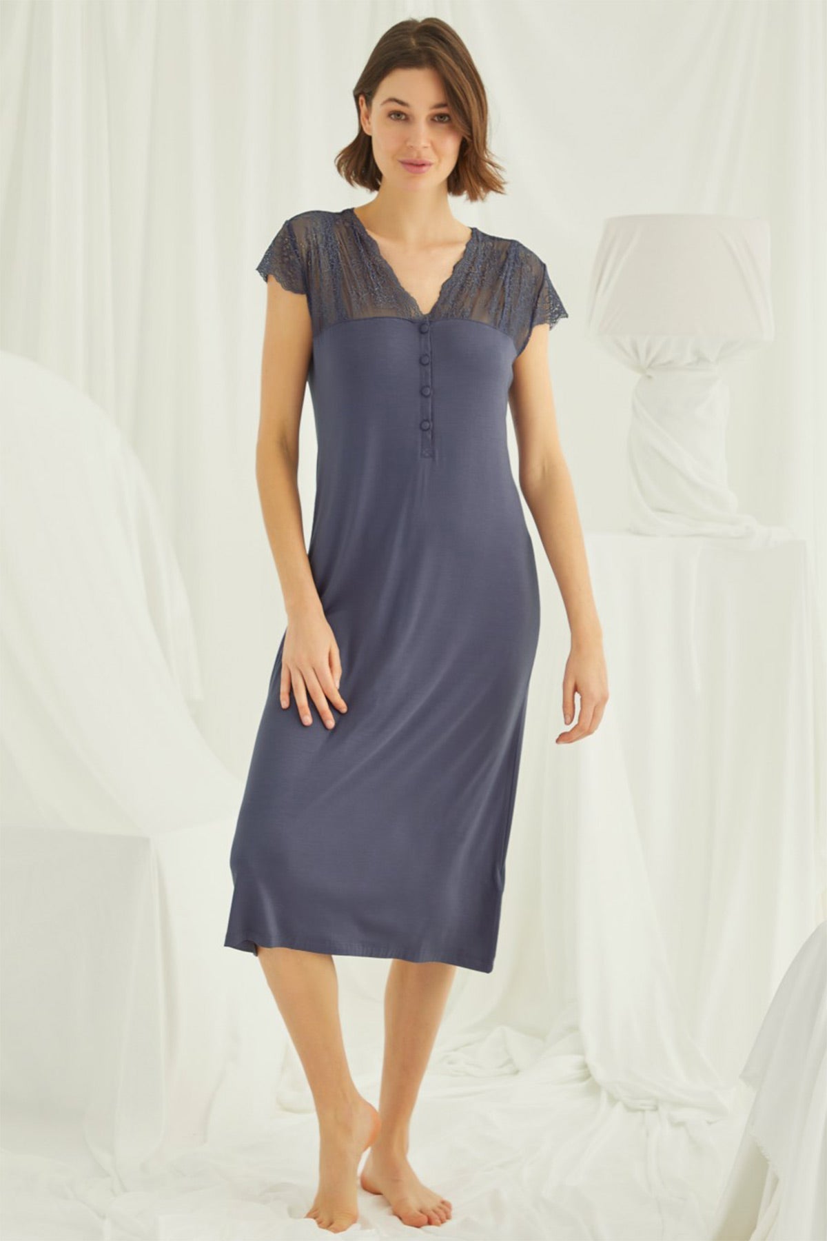 Lace V-Neck Plus Size Maternity & Nursing Nightgown Navy Blue - 18454