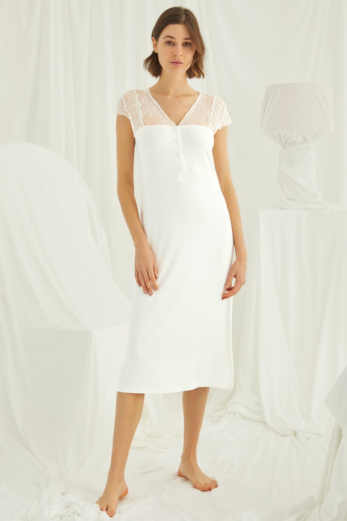 Lace V-Neck Plus Size Maternity & Nursing Nightgown Ecru - 18455