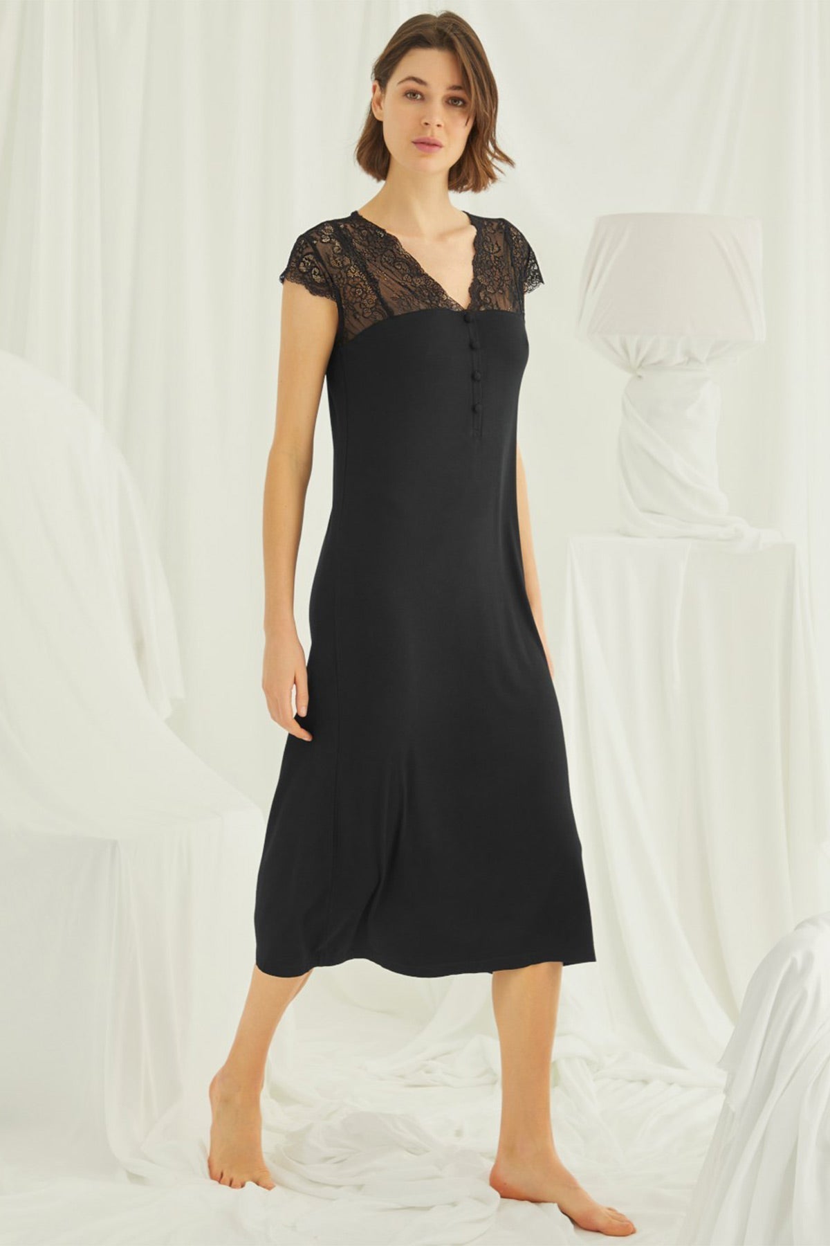 Lace V-Neck Plus Size Maternity & Nursing Nightgown Black - 18457