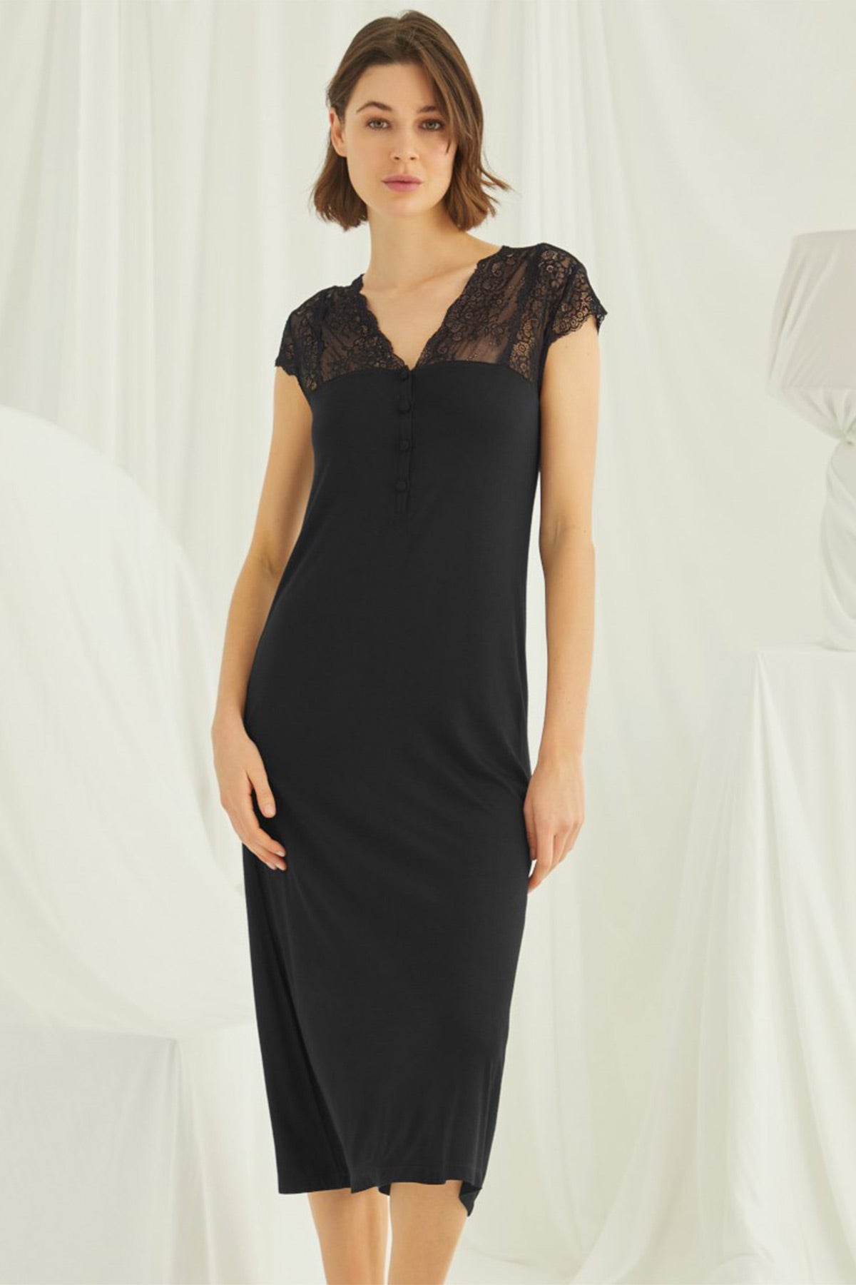 Lace V-Neck Plus Size Maternity & Nursing Nightgown Black - 18457