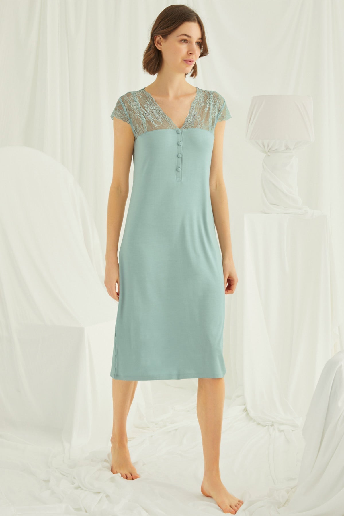 Lace V-Neck Long Maternity & Nursing Nightgown Green - 18463