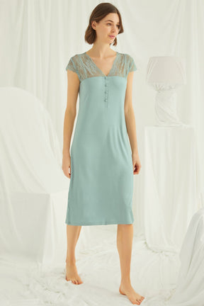 Lace V-Neck Long Maternity & Nursing Nightgown Green - 18463
