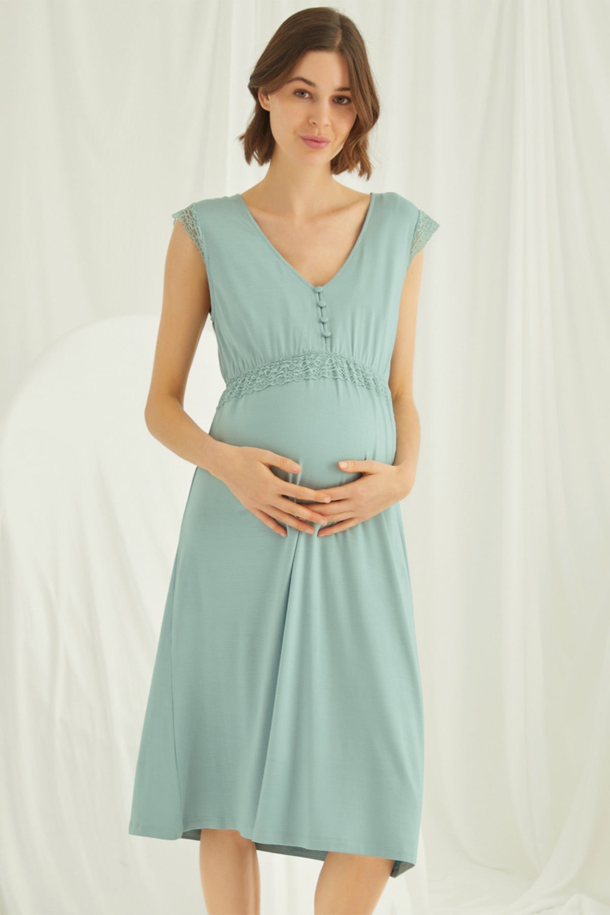 Lace V-Neck Maternity & Nursing Nightgown Green - 18466