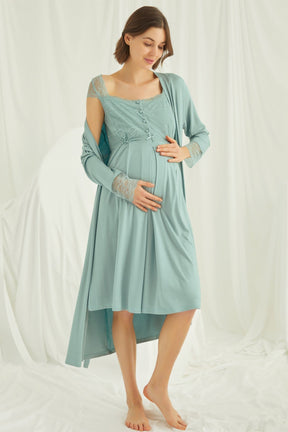 Lace Maternity & Nursing Nightgown With Robe Set Green - 18467