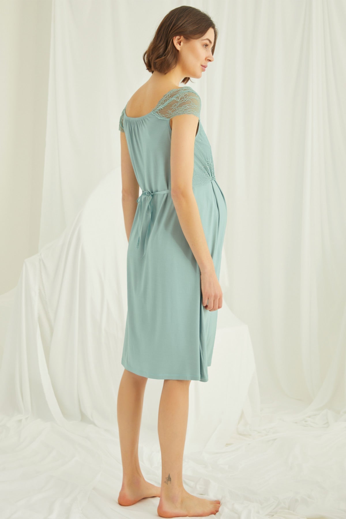 Lace Maternity & Nursing Nightgown With Robe Set Green - 18467