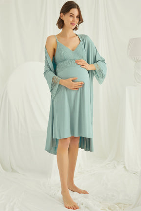 Lace Strappy Maternity & Nursing Nightgown With Robe Set Green - 18470