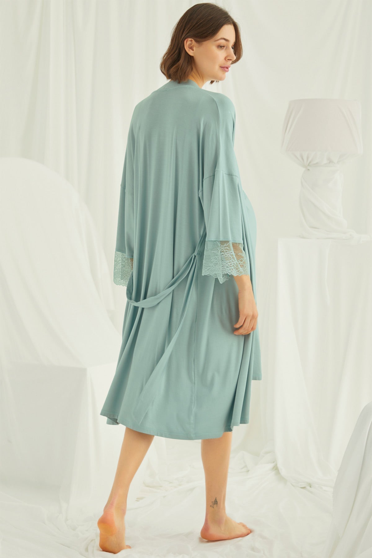 Lace Strappy Maternity & Nursing Nightgown With Robe Set Green - 18470