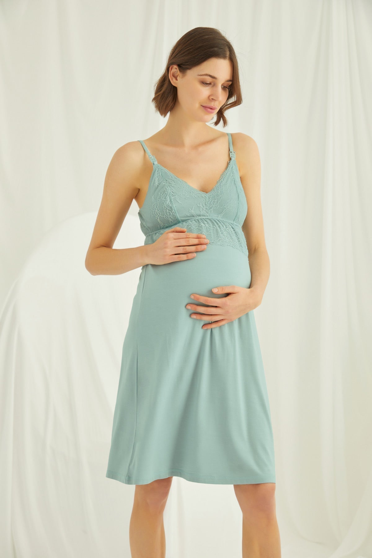 Lace Strappy Maternity & Nursing Nightgown With Robe Set Green - 18470