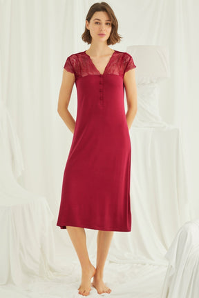 Lace V-Neck Long Maternity & Nursing Nightgown Red - 18481