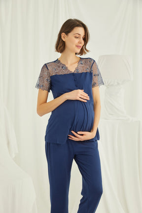 Lace Maternity & Nursing Pajamas Navy Blue - 19298