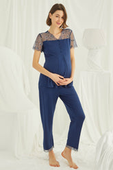 Lace Maternity & Nursing Pajamas Navy Blue - 19298