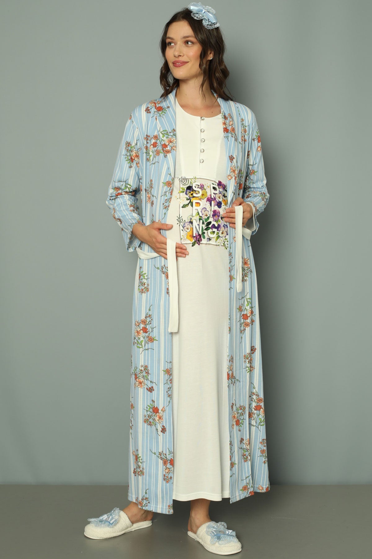 Maternity & Nursing Nightgown With Patterned Robe Ecru/Blue - 2257