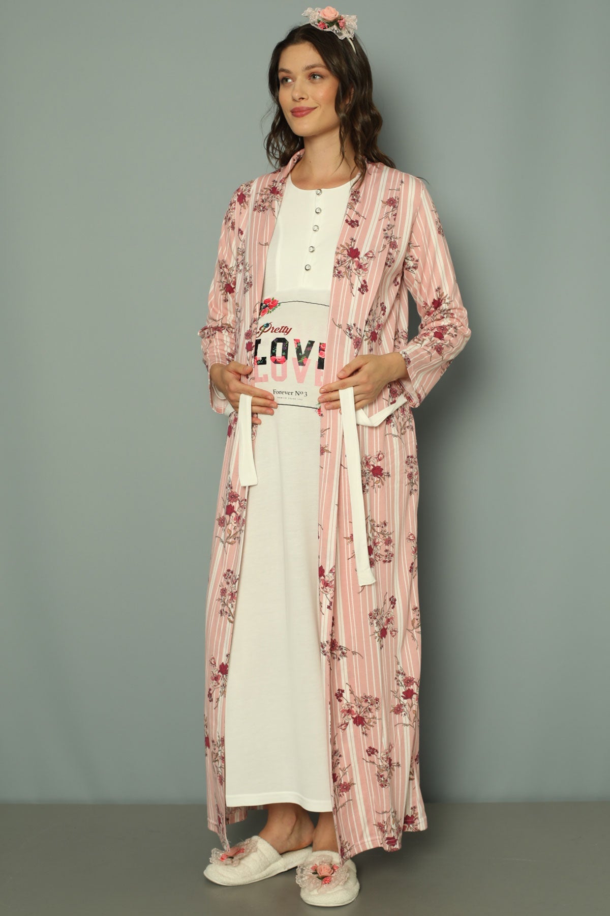 Maternity & Nursing Nightgown With Patterned Robe Ecru/Pink - 2257