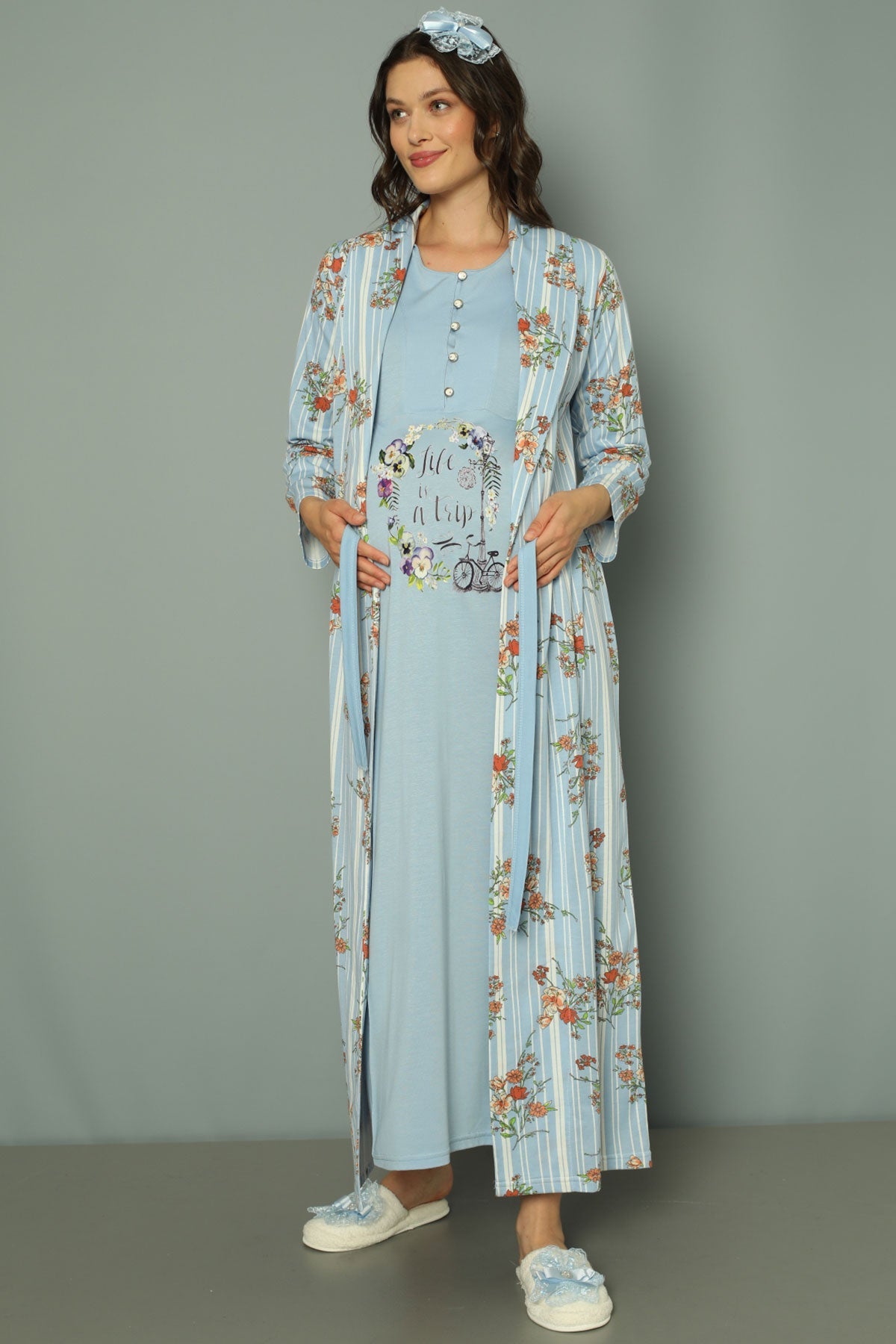 Maternity & Nursing Nightgown With Patterned Robe Blue - 2257