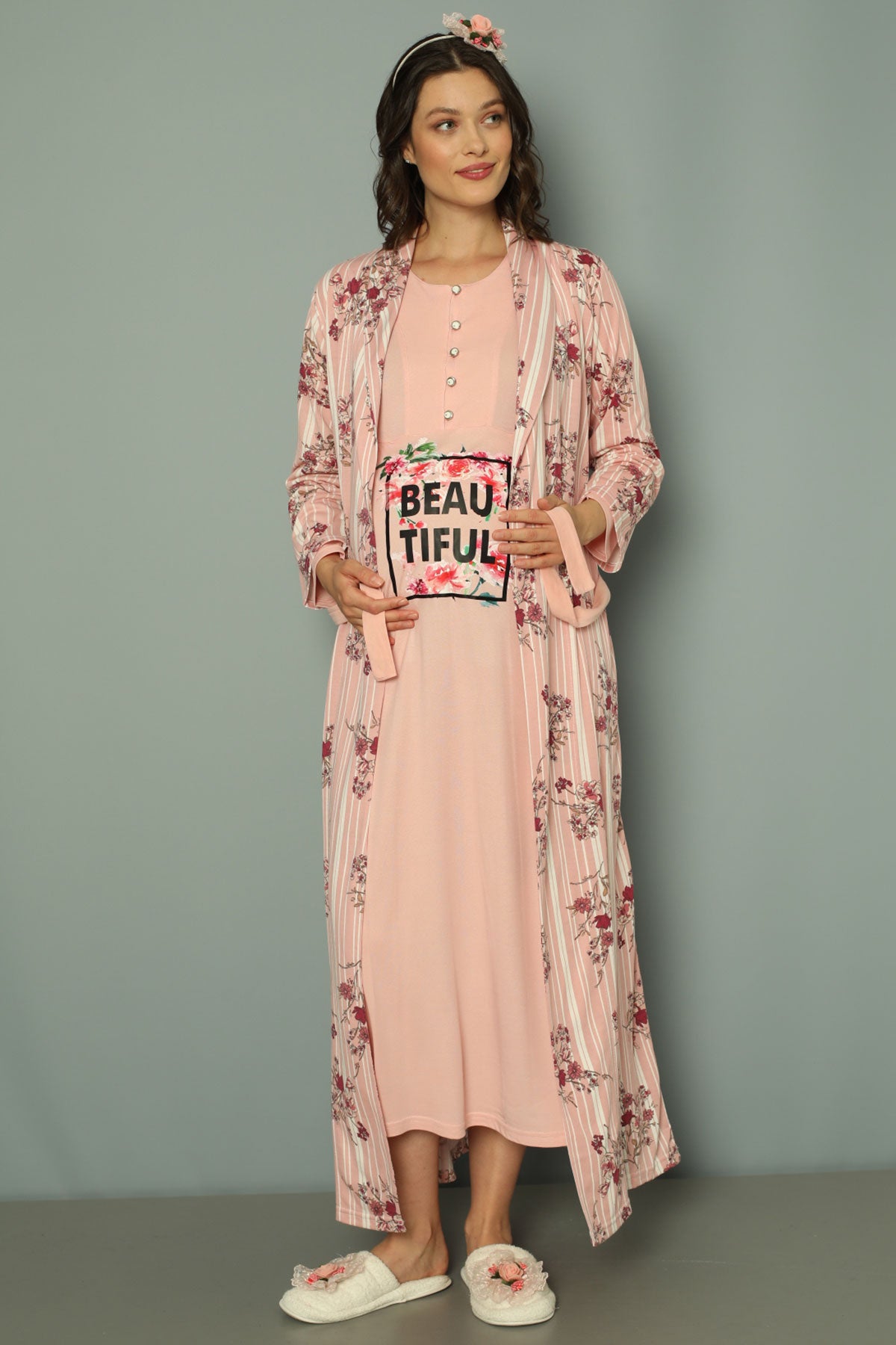 Maternity & Nursing Nightgown With Patterned Robe Pink - 2257