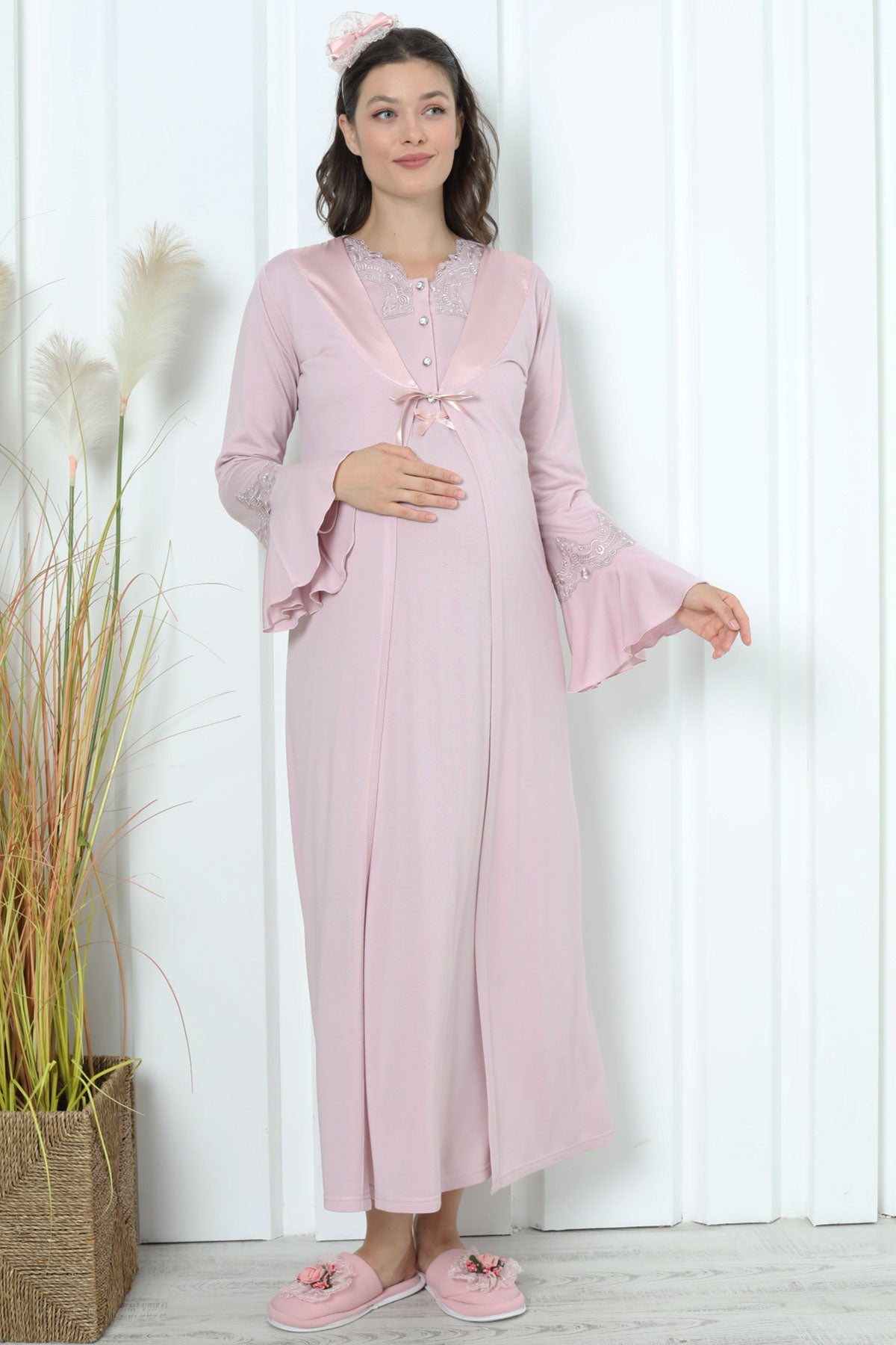 Lace Collar Maternity & Nursing Nightgown With Flywheel Arm Robe Dried Rose - 2259