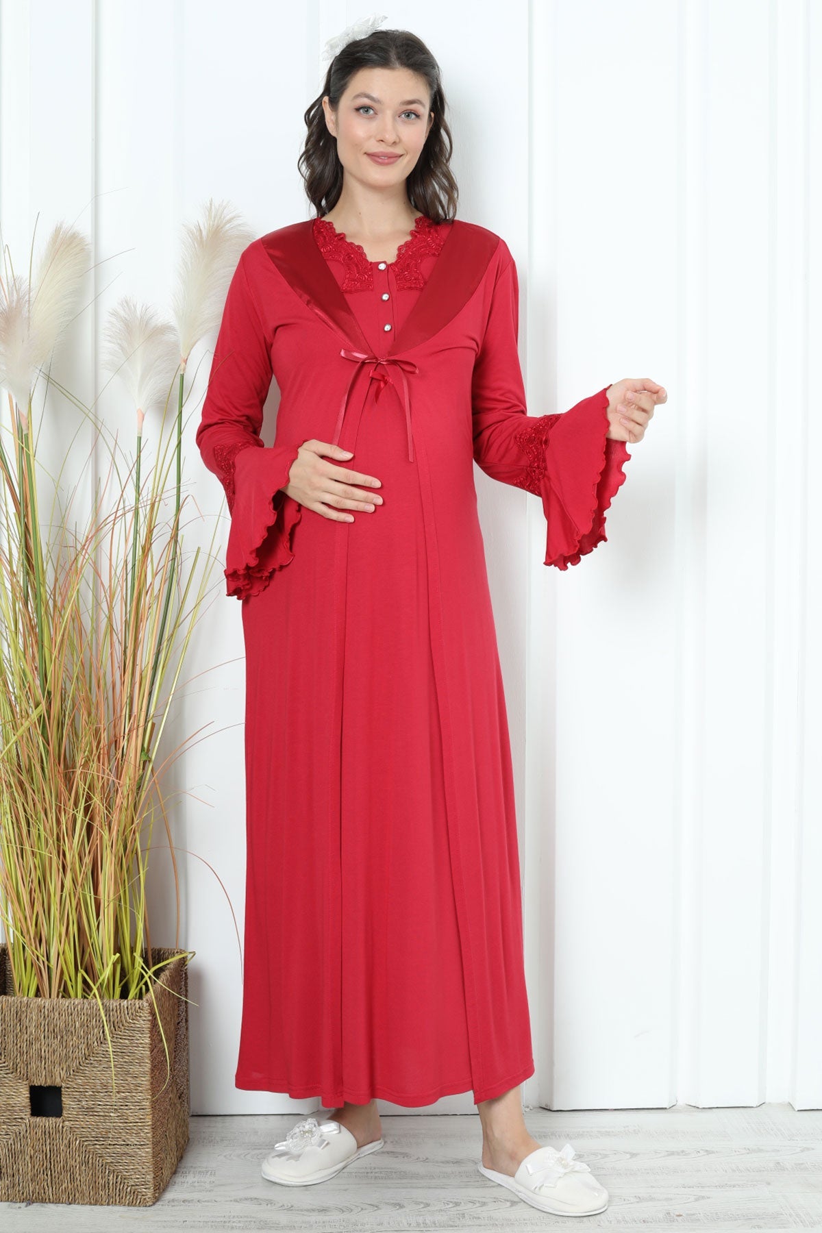 Lace Collar Maternity & Nursing Nightgown With Flywheel Arm Robe Red - 2259