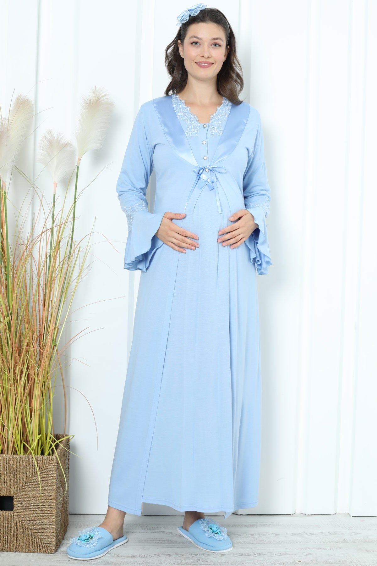 Lace Collar Maternity & Nursing Nightgown With Flywheel Arm Robe Blue - 2259