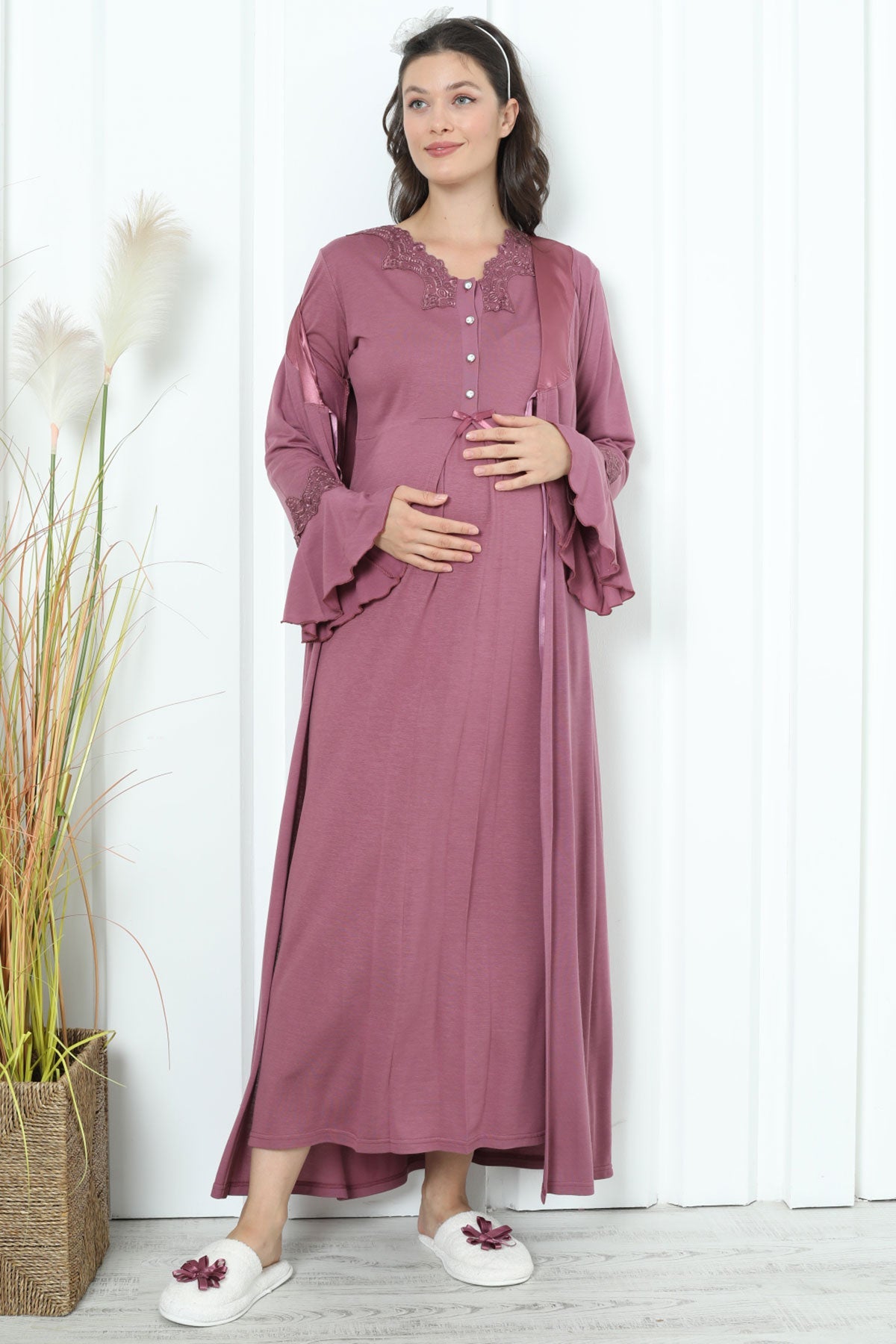 Lace Collar Maternity & Nursing Nightgown With Flywheel Arm Robe Plum - 2259