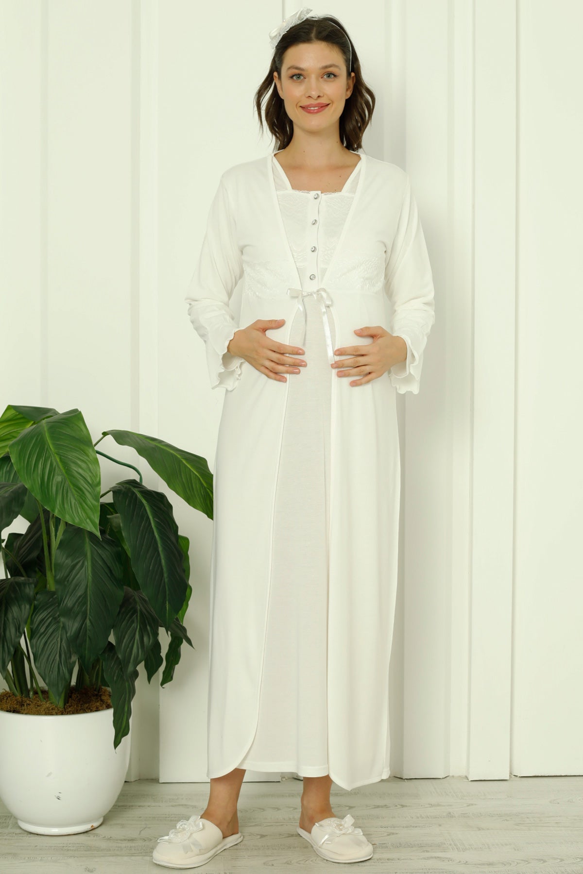 Maternity & Nursing Nightgown With Lace Collar Robe Ecru - 2260