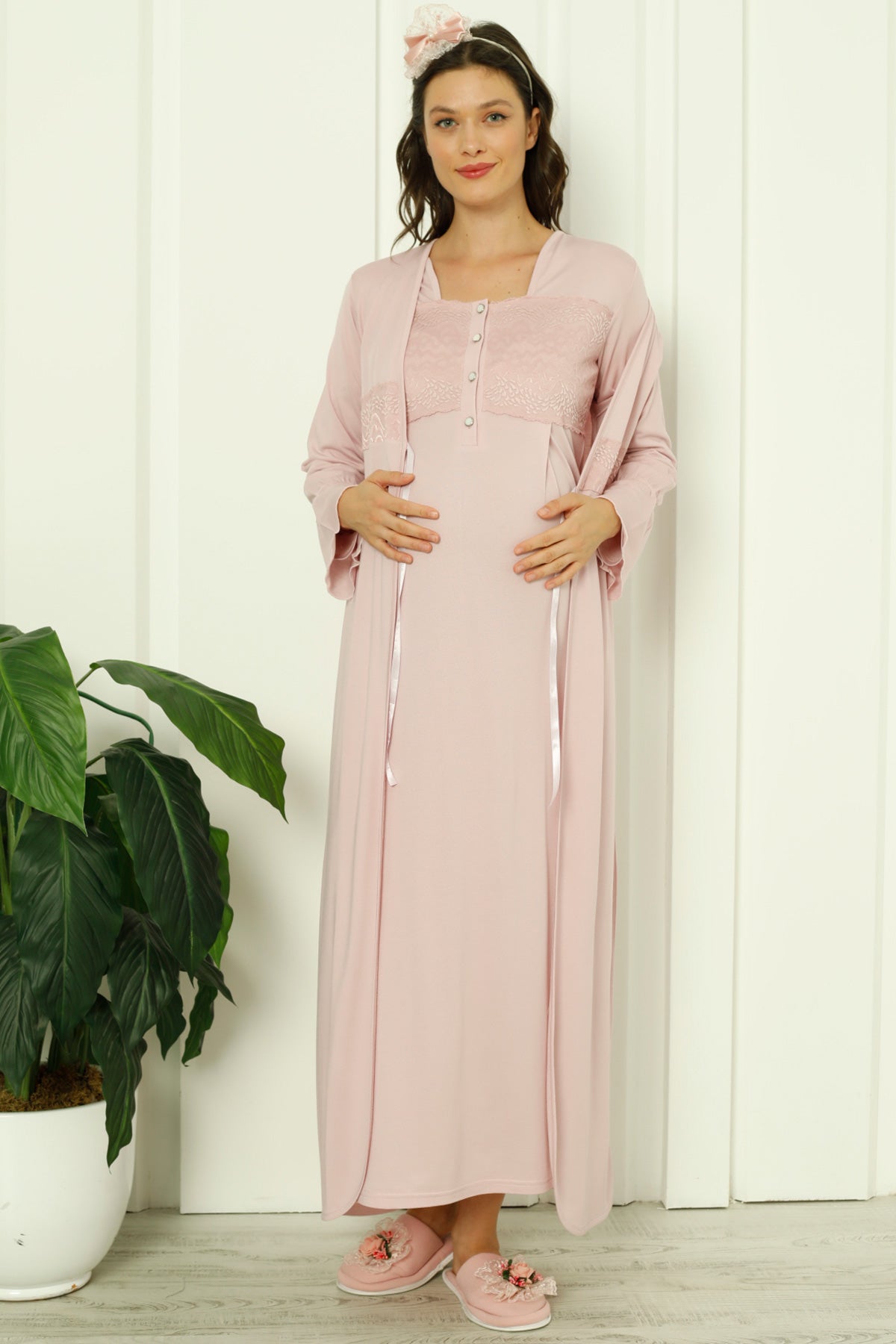 Maternity & Nursing Nightgown With Lace Collar Robe Dried Rose - 2260