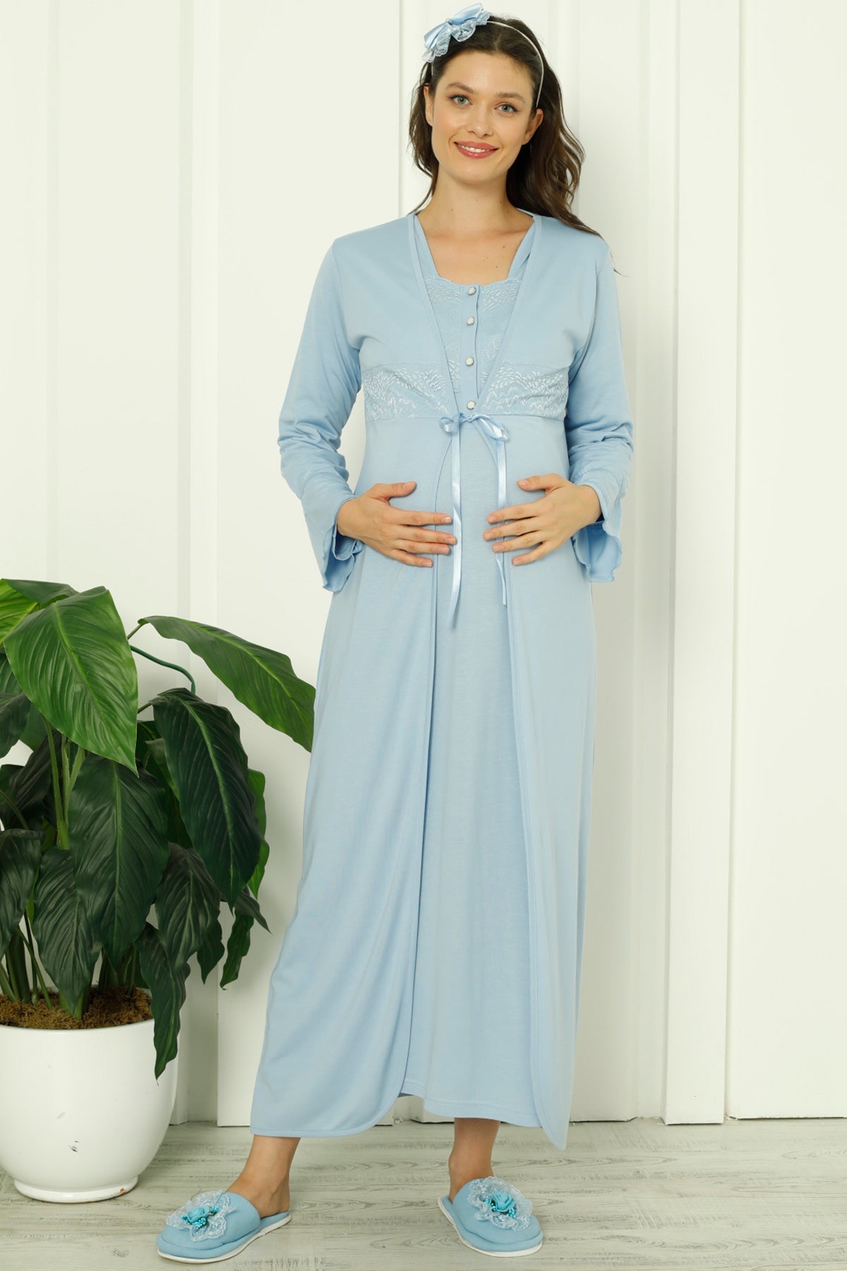 Maternity & Nursing Nightgown With Lace Collar Robe Blue - 2260