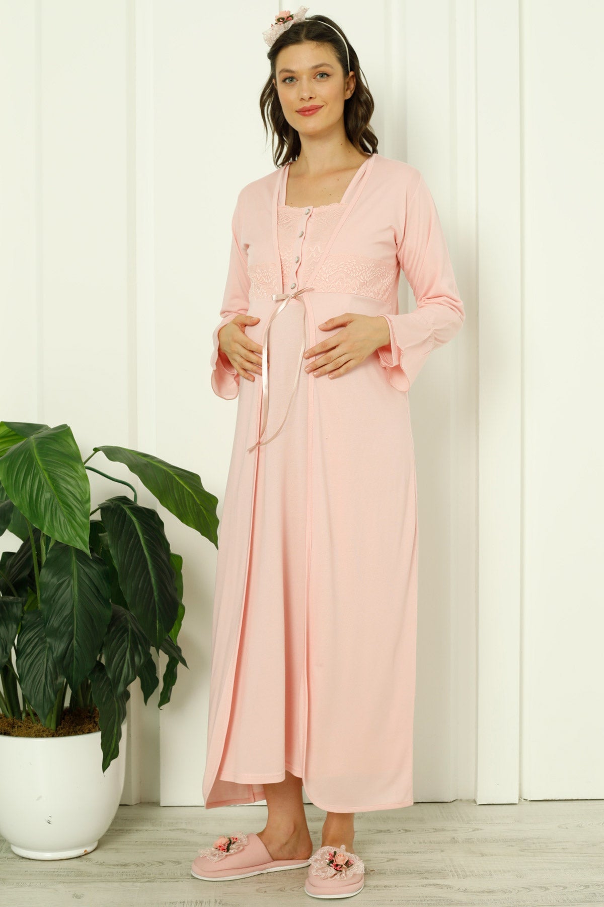 Maternity & Nursing Nightgown With Lace Collar Robe Salmon - 2260