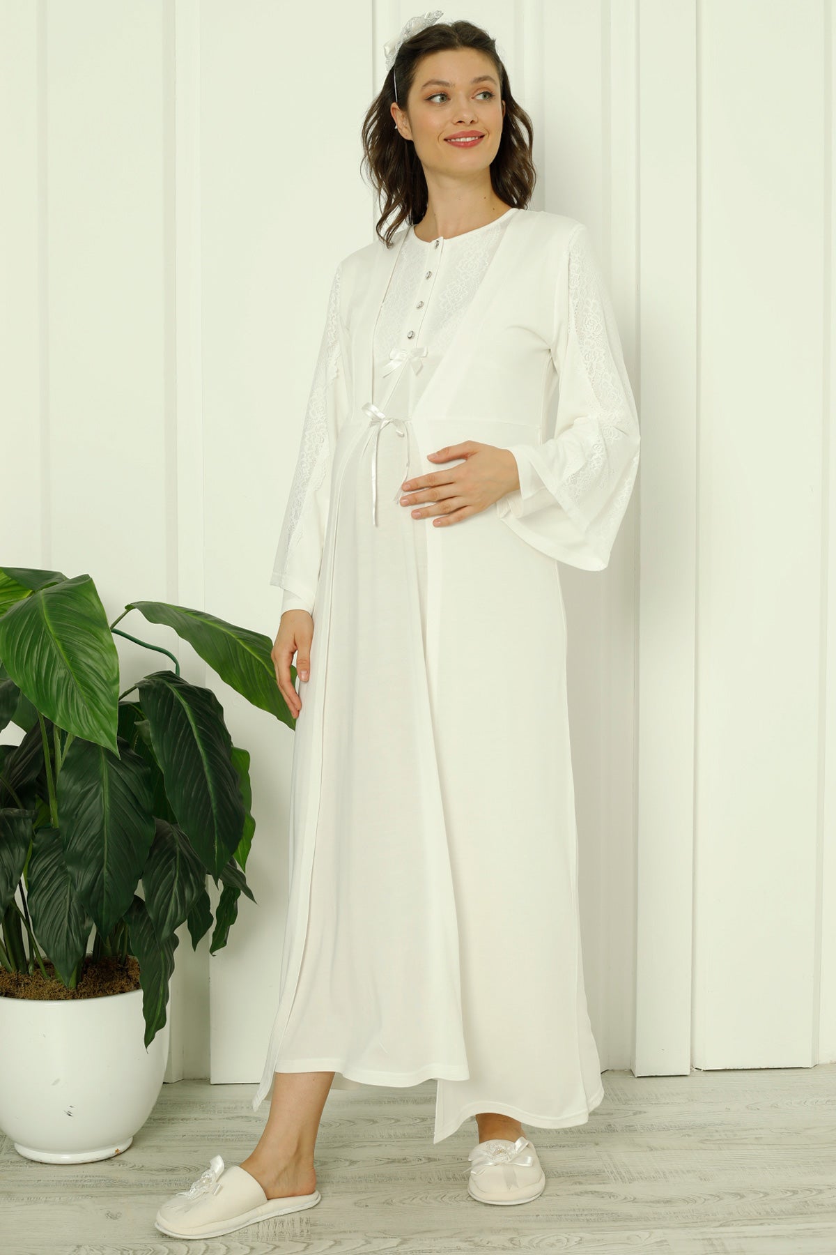 Lace Sleeve Maternity & Nursing Nightgown With Robe Ecru - 2261
