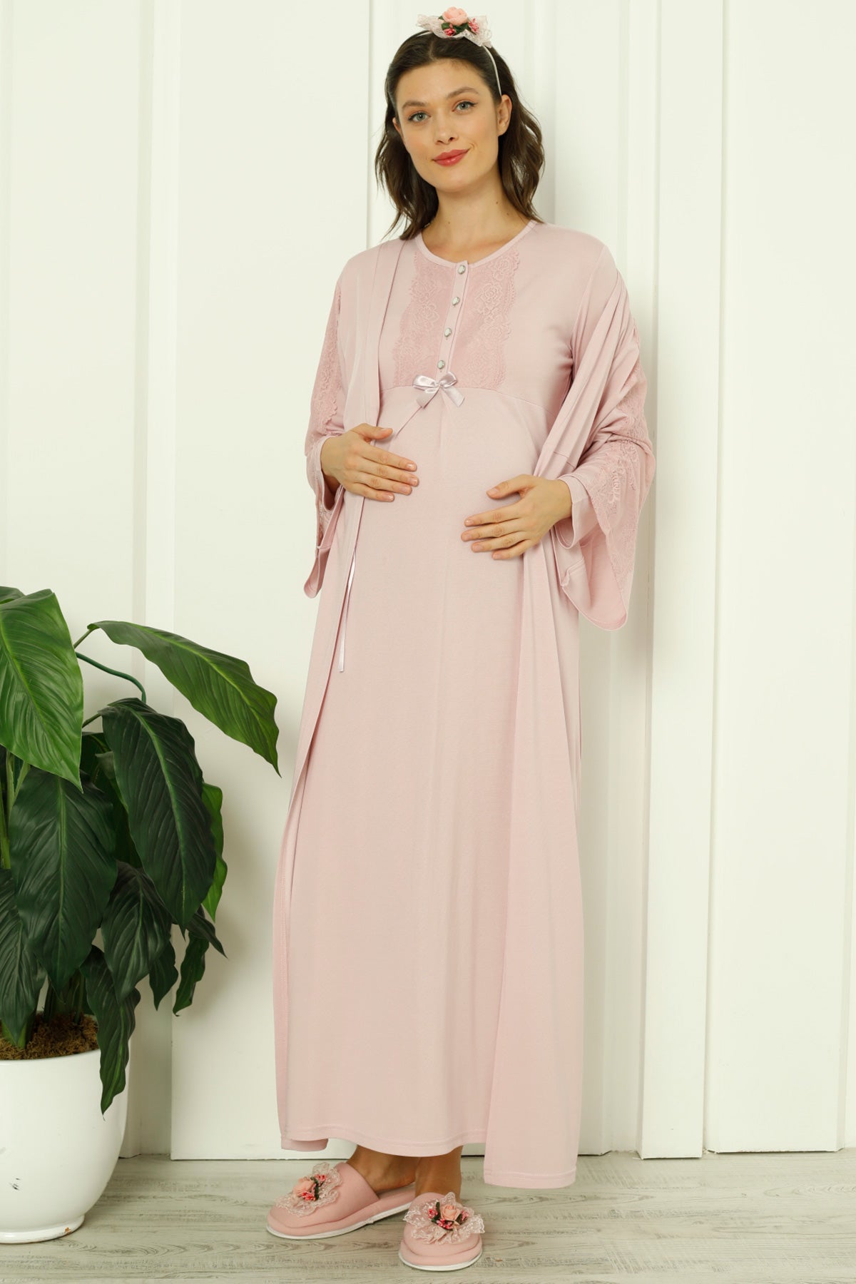 Lace Sleeve Maternity & Nursing Nightgown With Robe Dried Rose - 2261