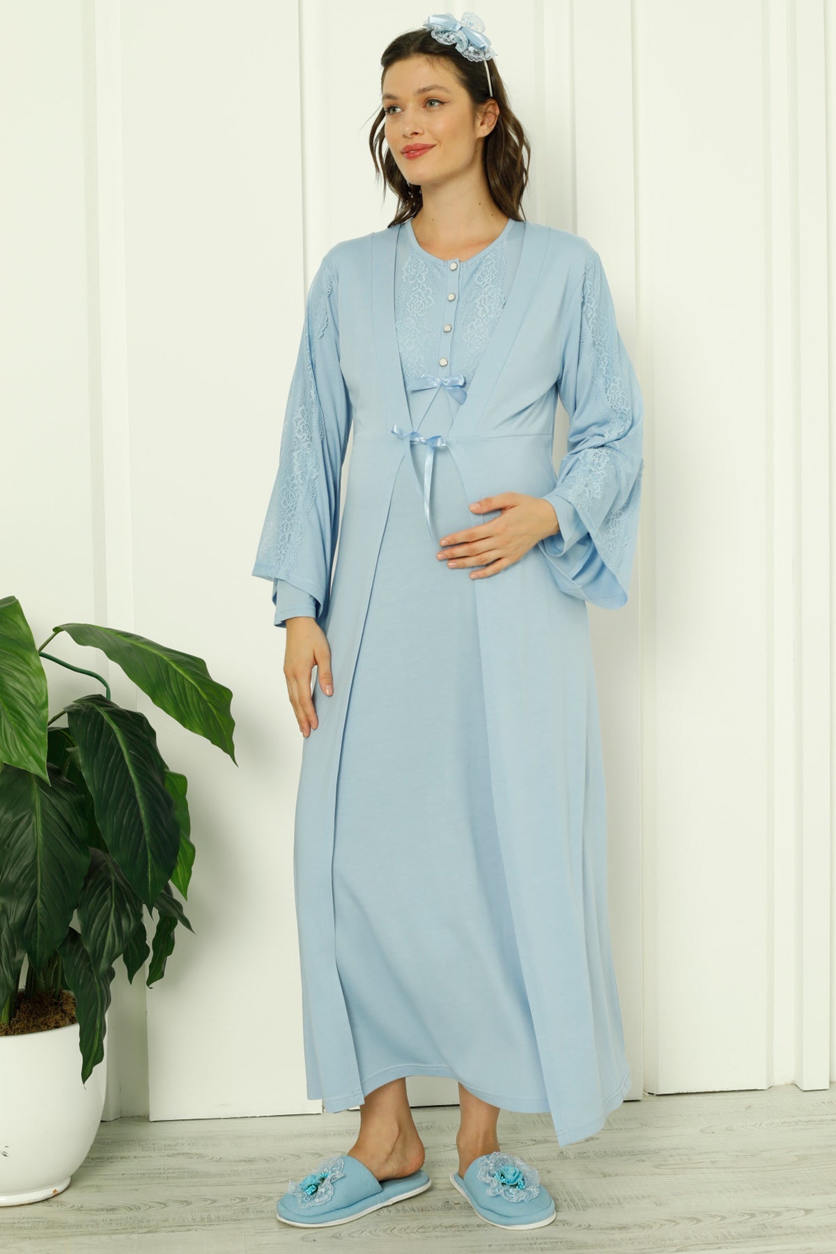 Lace Sleeve Maternity & Nursing Nightgown With Robe Blue - 2261